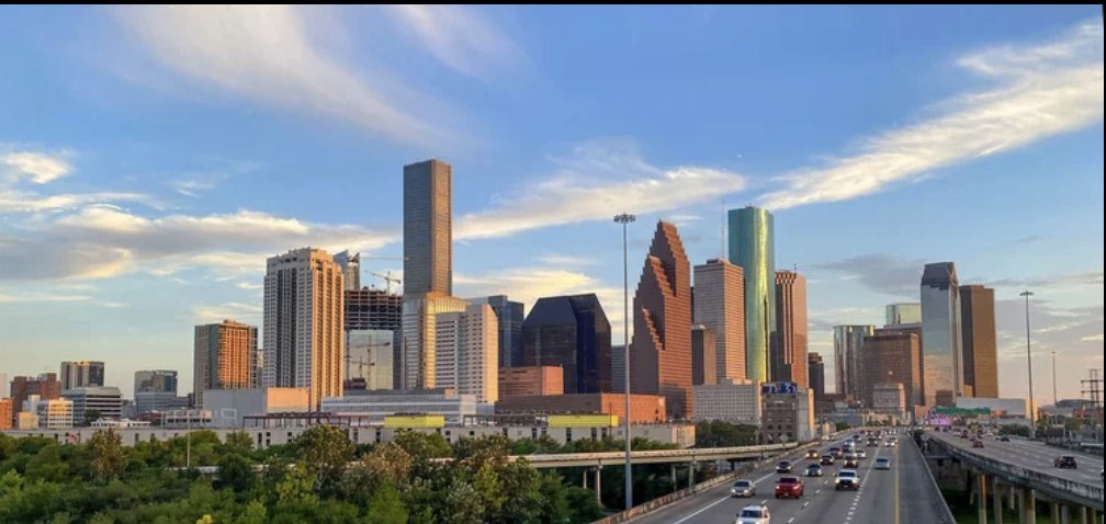 Houston skyscrapers framed by blooming trees