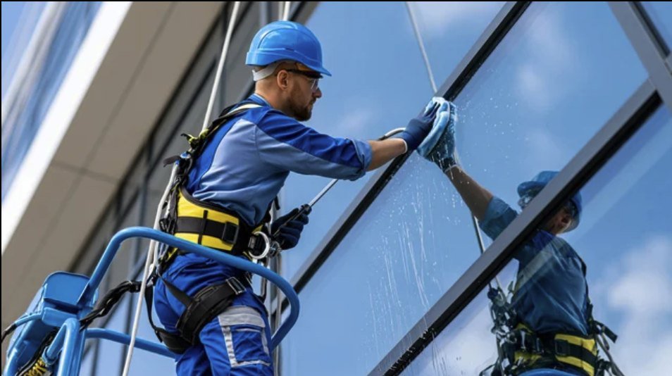 Cleaner wiping glass with a spray bottle and cloth